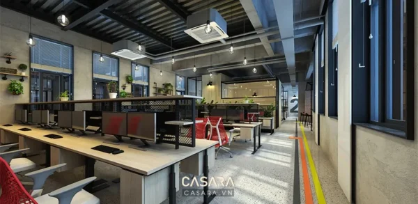 Văn phòng làm việc hiện đại, rộng rãi với thiết kế mở và nhiều ánh sáng.