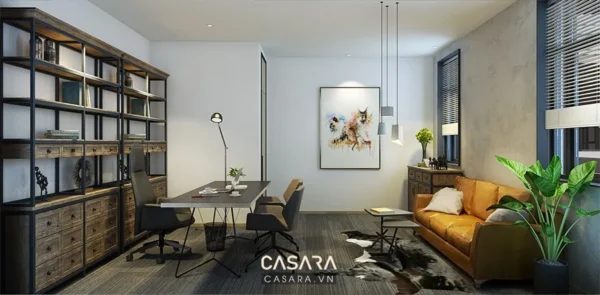 Phòng làm việc - phòng khách hiện đại, ấm cúng với nội thất gỗ.