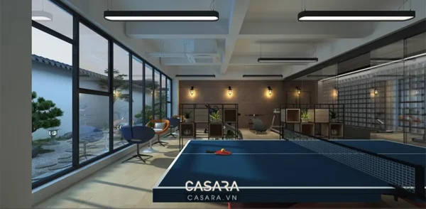 Phòng sinh hoạt chung hiện đại với bàn bóng bàn và khu vực thư giãn.