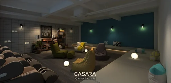 Phòng chiếu phim tại gia hiện đại với nhiều ghế beanbag êm ái.