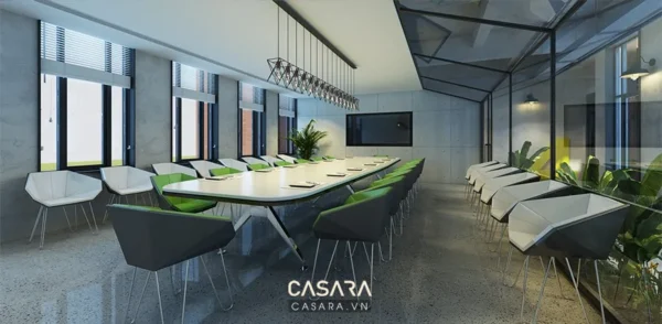 Phòng họp hiện đại, sang trọng với thiết kế tối giản, nhiều ánh sáng.