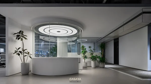 Sảnh lễ tân hiện đại với thiết kế tối giản, sang trọng và ánh sáng dịu nhẹ.