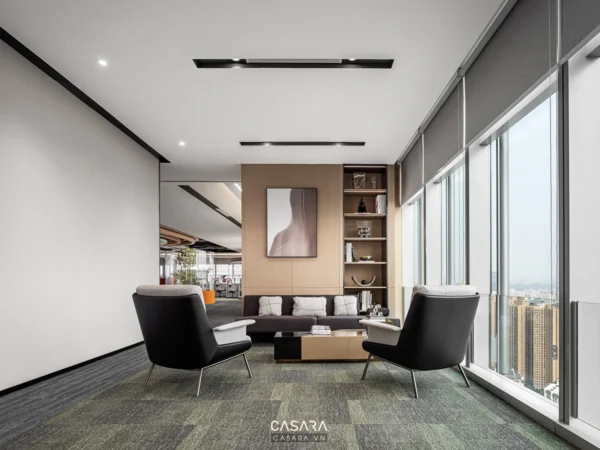 Phòng chờ văn phòng hiện đại, sang trọng với tông màu trung tính ấm áp.