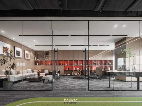 Văn phòng hiện đại, sang trọng với thiết kế cửa kính rộng rãi.