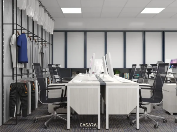 Văn phòng làm việc hiện đại, sáng sủa với kệ quần áo trưng bày.