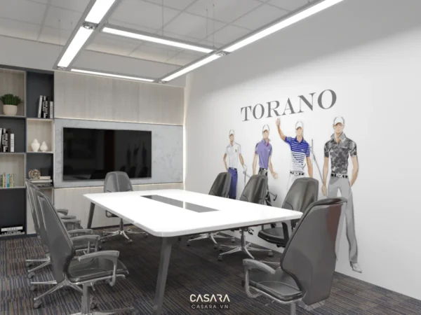 Phòng họp hiện đại với logo và hình ảnh quảng cáo thương hiệu Torano.