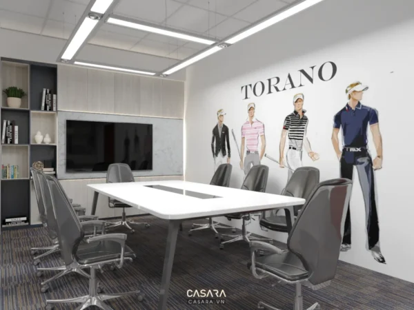 Phòng họp hiện đại với điểm nhấn logo Torano và hình ảnh golfer.