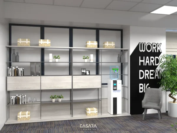 Nội thất văn phòng hiện đại với kệ sách và cây xanh trang trí.