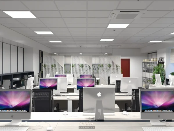 Văn phòng hiện đại với nhiều máy tính và thiết kế tối giản.