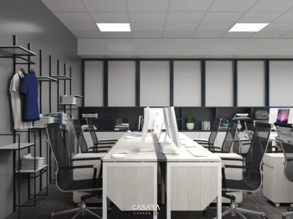 Văn phòng làm việc hiện đại, sáng sủa với thiết kế tối giản.