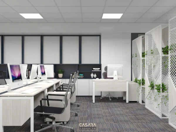 Văn phòng làm việc hiện đại, sáng sủa với thiết kế tối giản.