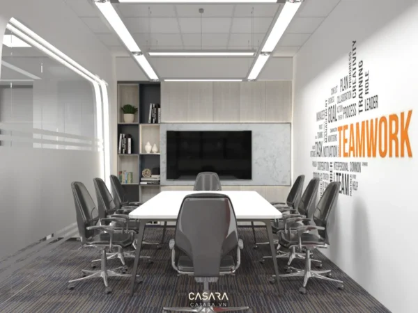 Phòng họp hiện đại, sáng sủa với nội thất tối giản, chuyên nghiệp.