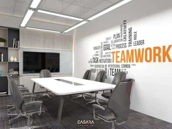 Phòng họp hiện đại với điểm nhấn từ tường chữ "TEAMWORK".