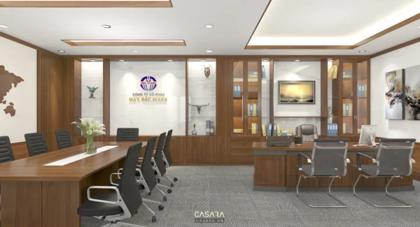 Phòng họp hiện đại, sang trọng với nội thất gỗ chủ đạo.