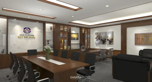 Phòng họp sang trọng với nội thất gỗ nâu và ánh sáng trắng ấm áp.