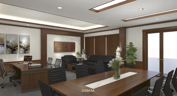 Phòng làm việc sang trọng với nội thất gỗ nâu và ánh sáng ấm áp.