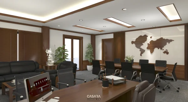 Phòng họp hiện đại, sang trọng với nội thất gỗ chủ đạo.