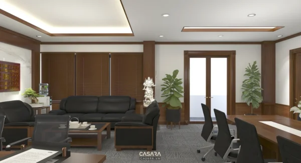 Phòng làm việc sang trọng với nội thất gỗ và tông màu trầm ấm.