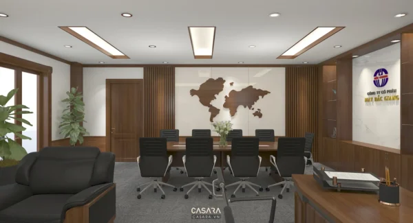 Phòng họp hiện đại, sang trọng với bản đồ thế giới nghệ thuật.