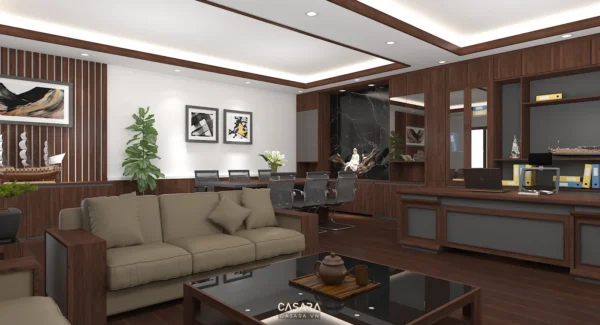Phòng khách hiện đại, sang trọng với nội thất gỗ và tông màu ấm áp.