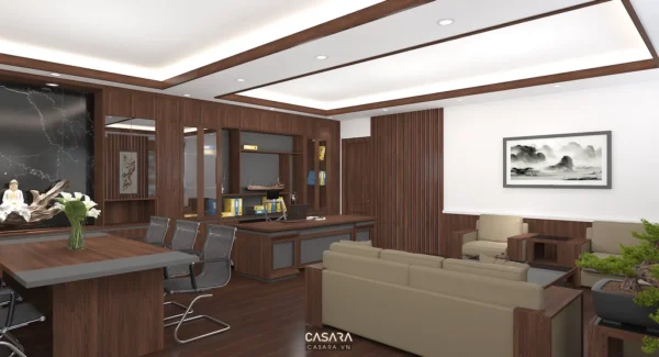 Phòng làm việc hiện đại, sang trọng với nội thất gỗ chủ đạo.
