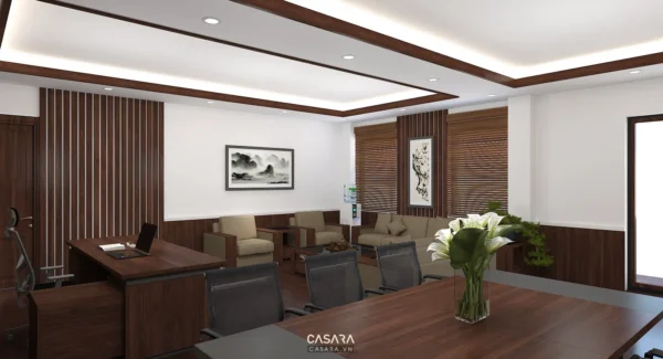 Phòng làm việc hiện đại, sang trọng với nội thất gỗ chủ đạo.