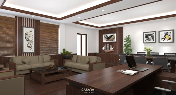 Phòng khách và phòng làm việc hiện đại, sang trọng, ánh sáng ấm áp.