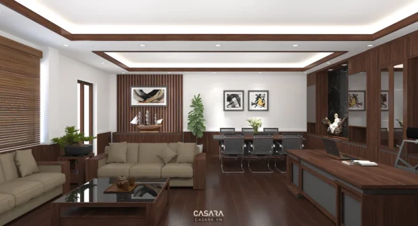 Phòng khách và khu vực làm việc hiện đại, sang trọng với nội thất gỗ.