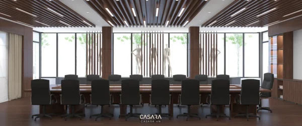 Phòng họp hiện đại, sang trọng với nội thất gỗ và cửa kính lớn.