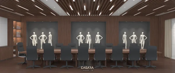 Phòng họp hiện đại với nội thất gỗ sang trọng và mô hình người.