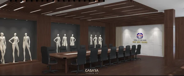 Phòng họp rộng lớn, hiện đại với nội thất gỗ và ánh sáng vàng.