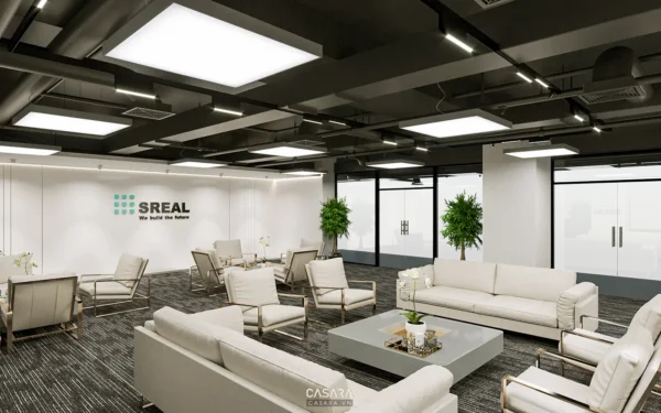 Không gian văn phòng hiện đại, thoáng đãng với nội thất tối giản.