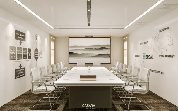 Phòng họp hiện đại với thiết kế tối giản, ánh sáng tự nhiên.