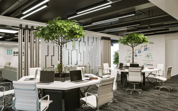 Văn phòng hiện đại với cây xanh và thiết kế nội thất sáng sủa.