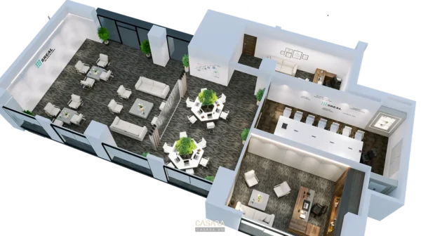 Bản vẽ mặt bằng 3D của khu vực làm việc hiện đại, thoáng đãng.