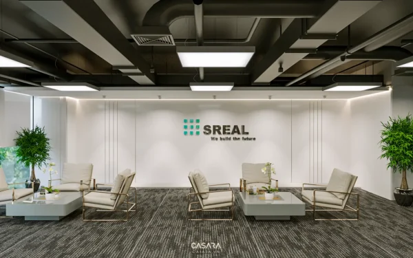 Phòng họp hiện đại với logo SREAL nổi bật, thiết kế tối giản.