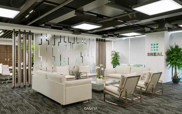 Phòng chờ văn phòng hiện đại với thiết kế tối giản, sang trọng.