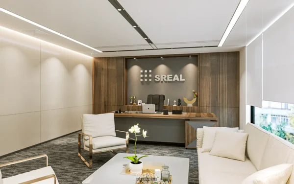 Phòng làm việc hiện đại, sang trọng với nội thất gỗ và tông màu trung tính.