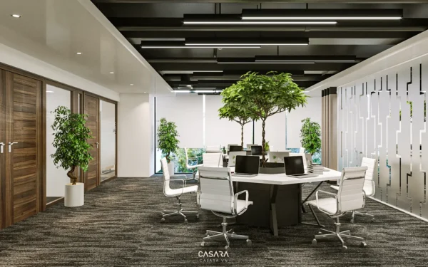 Văn phòng hiện đại, thoáng đãng với cây xanh và thiết kế tối giản.