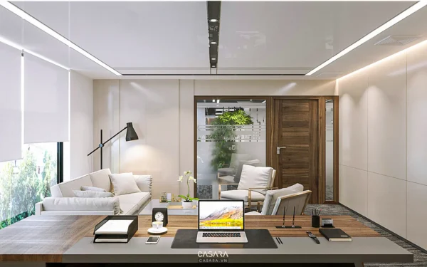 Phòng làm việc hiện đại, sang trọng với thiết kế tối giản, ánh sáng ấm áp.