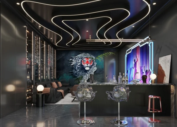 Quán bar hiện đại với thiết kế độc đáo, ánh sáng nghệ thuật ấn tượng.