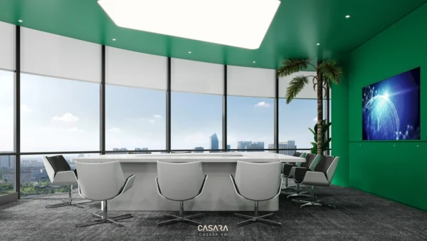 Phòng họp hiện đại, view thành phố rộng lớn, tông màu xanh chủ đạo.