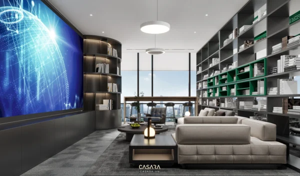 Phòng khách hiện đại với kệ sách lớn và tầm nhìn thành phố thoáng đãng.