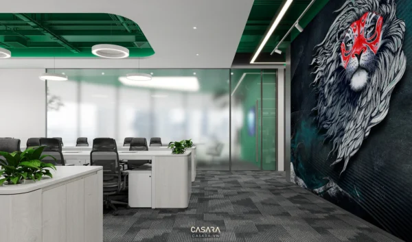 Văn phòng hiện đại với điểm nhấn tranh sư tử ấn tượng.