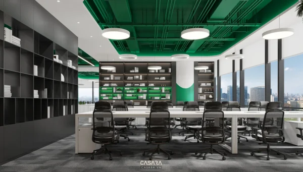 Văn phòng hiện đại với tông màu xanh lá và đen, thiết kế mở thoáng đãng.