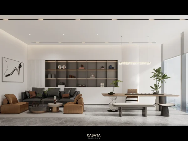 Phòng khách hiện đại, tối giản với kệ sách âm tường và nội thất gỗ.