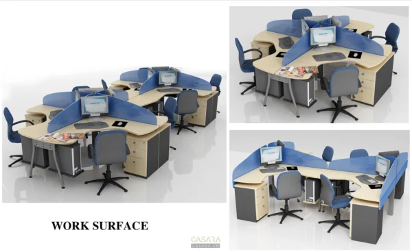 Bàn làm việc văn phòng hiện đại, thiết kế mở, tạo không gian làm việc chung.