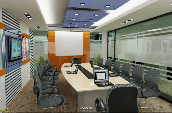 Phòng họp hiện đại với thiết kế nội thất sáng sủa, chuyên nghiệp.