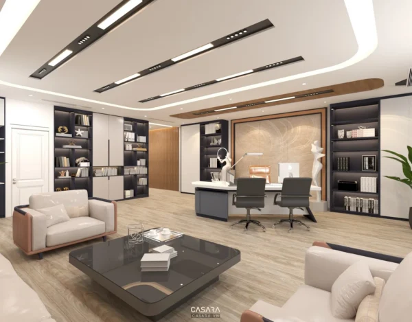 Phòng làm việc hiện đại, sang trọng với nội thất gỗ và ánh sáng ấm áp.