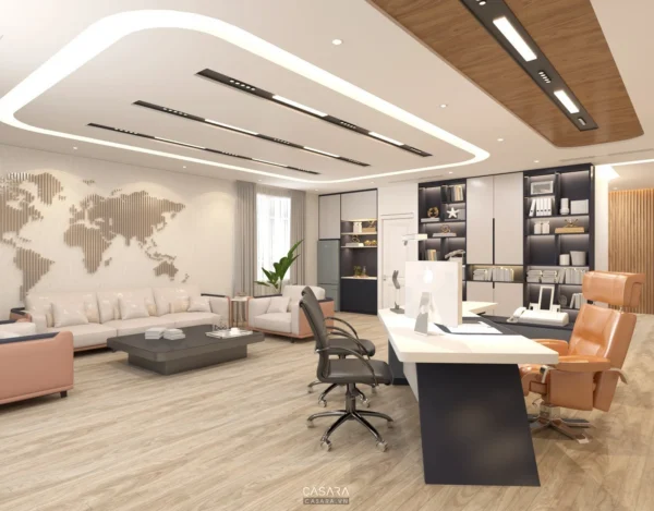 Phòng làm việc hiện đại, sang trọng với nội thất gỗ và tông màu trung tính.